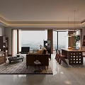 Modern Living And Dining Room Interior With Sofa Dining Table City View And Pendant Lights