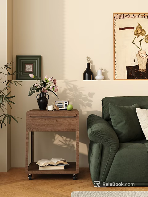 Wooden Console Table Featuring Pink Flowers Radio Green Apple Near Green Sofa and Wall Decor 3d model 