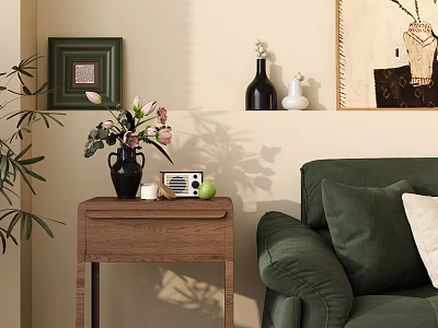 Wooden Console Table Featuring Pink Flowers Radio Green Apple Near Green Sofa and Wall Decor 3d model