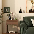 Wooden Console Table Featuring Pink Flowers Radio Green Apple Near Green Sofa and Wall Decor