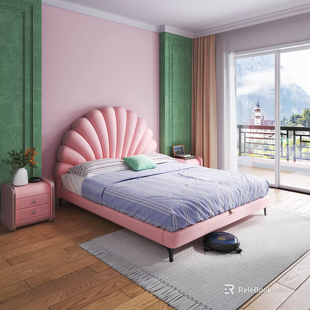 Modern Background Double Bed with Pink Shell Headboard Green Pink Walls and Wooden Floor 3d model 
