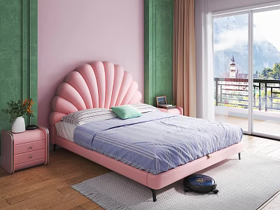 Modern Background Double Bed with Pink Shell Headboard Green Pink Walls and Wooden Floor 3d model
