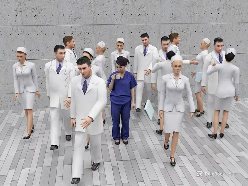 Group of Medical Professionals in White Uniforms and Blue Scrubs Walking in Gray Walled Facility 3d model 