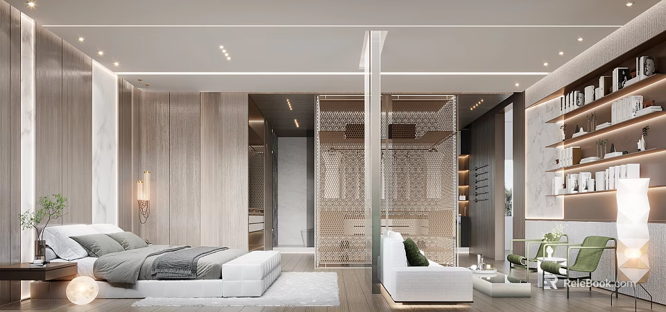 Elegant Modern Bedroom Interior With White Bed Sofa And Wooden Partition Design 3d model 