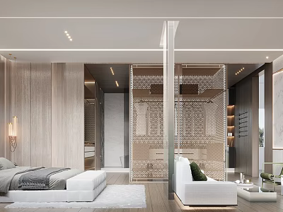 Elegant Modern Bedroom Interior With White Bed Sofa And Wooden Partition Design 3d model