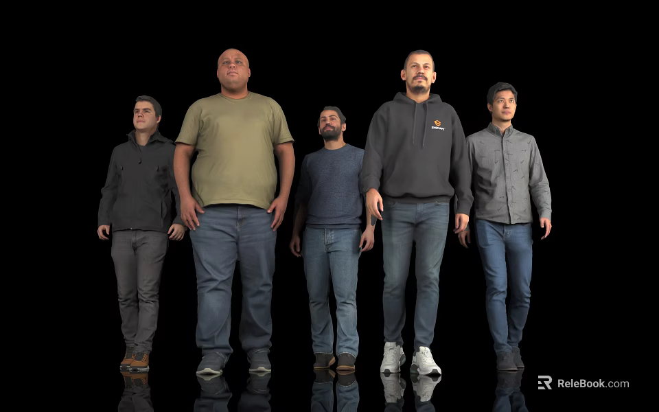 Five Men Standing Together in Front of Black Background Full Body View 3d model 