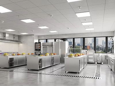 Commercial Kitchen Interior With Stainless Steel Worktables Fresh Fruits And City View 3d model