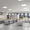 Commercial Kitchen Interior With Stainless Steel Worktables Fresh Fruits And City View