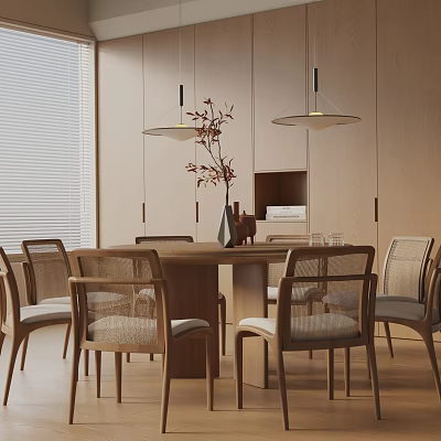 Modern Wooden Dining Table Set with Matching Chairs Pendant Lights and Vase in Open Space 3d model