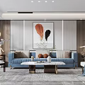 Modern Living Room Interior With Blue Sofa Marble Coffee Table And Feather Artwork 3d model
