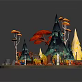Vibrant Fairy Tale Forest Scene With Colorful Trees Mushroom Decorations Little Figures Tables And Chairs