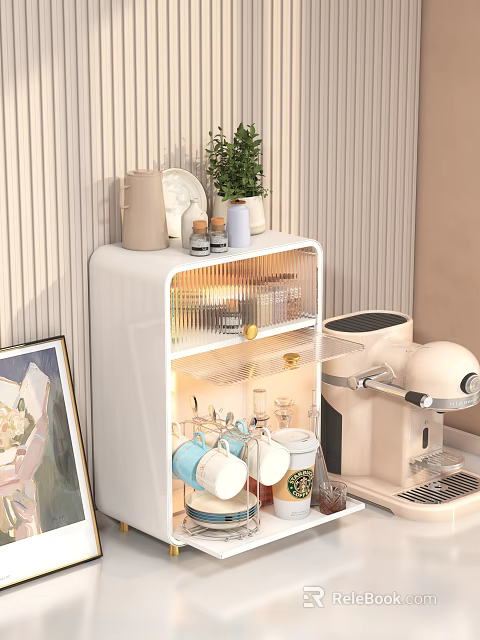 Home Living Space Featuring White Mini Fridge Transparent Door Beige Coffee Machine Green Plant 3d model 