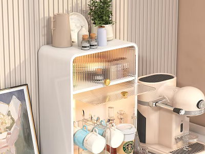 Home Living Space Featuring White Mini Fridge Transparent Door Beige Coffee Machine Green Plant 3d model