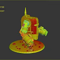 Horned Mechanical Character With Red Yellow Armor Black Arms And Green Base