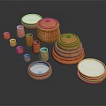 Brown Pottery Jars Plates With Lids Stacked Arranged On Black Background 3d model