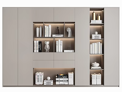 Modern Light Gray Bookcase With Multi Compartment Design And Books Sculptures Candles 3d model