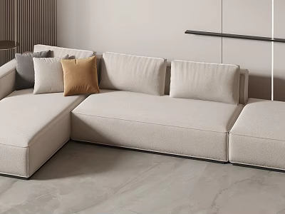 Light Beige Sectional Sofa With Fabric Upholstery Gray Brown Accent Pillows Modern Minimalist Living Room 3d model