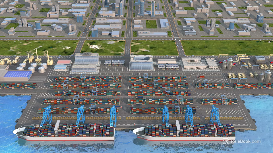Scenic Container Port View With Cranes Containers And City Skyline 3d model 