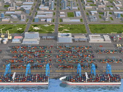 Scenic Container Port View With Cranes Containers And City Skyline 3d model