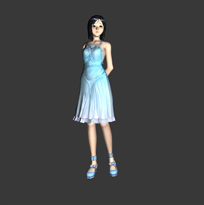 Female Game Movie Character in Blue Dress with Long Black Hair and Shoes 3d model