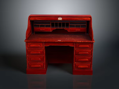 Vintage Classic Red Wooden Desk With Multiple Drawers And Open Compartments 3d model
