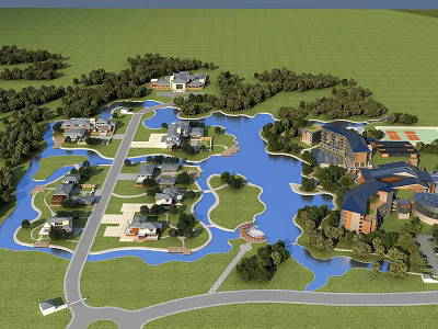 Aerial View Planning Scenic Landscape With Green Lawns Trees Lake And Buildings 3d model