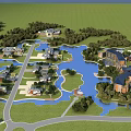Aerial View Planning Scenic Landscape With Green Lawns Trees Lake And Buildings