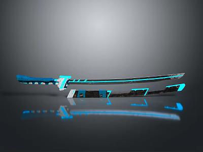 Blue And Black Decorative Katana With Sharp Blade Handle And Reflection On Black Background 3d model