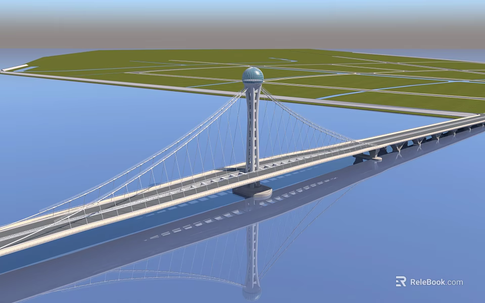 Cable Stayed Bridge With Tall Spherical Top Tower Spanning Calm Water And Green Land 3d model 