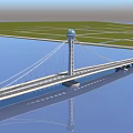 Cable Stayed Bridge With Tall Spherical Top Tower Spanning Calm Water And Green Land