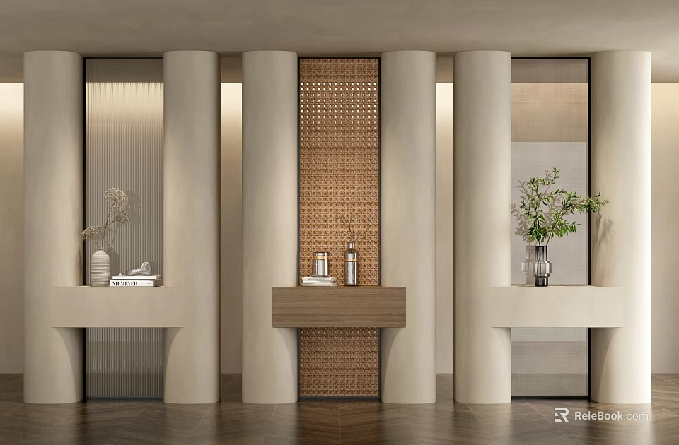 Modern Room Divider Design With Perforated Panel And Wooden Console Table In Interior Hallway 3d model 