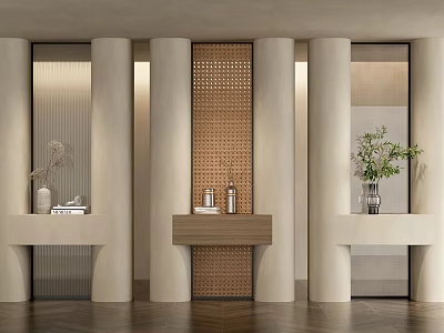Modern Room Divider Design With Perforated Panel And Wooden Console Table In Interior Hallway 3d model