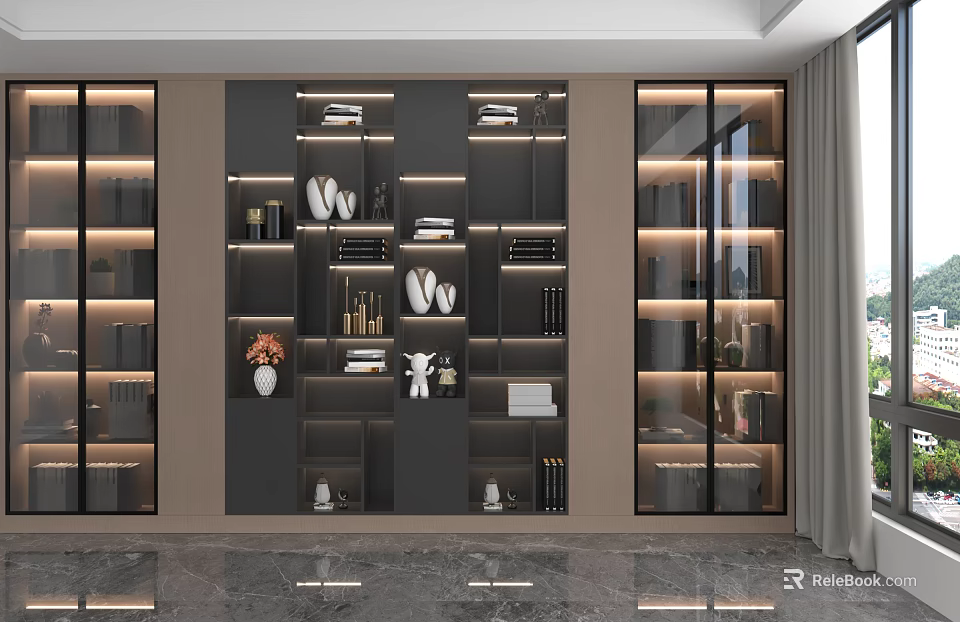 Modern Bookcase With Glass Door Cabinets Layered Shelves Books Decorations And Lighting 3d model 