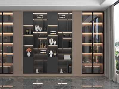 Modern Bookcase With Glass Door Cabinets Layered Shelves Books Decorations And Lighting 3d model
