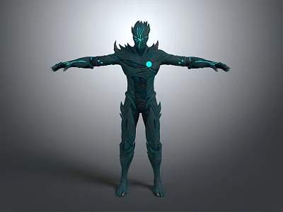 Detailed Mythical Character With Biological Armor And Glowing Blue Core Outstretched Arms 3d model