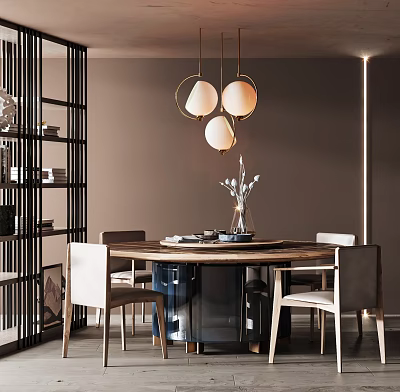 Modern Minimalist Dining Table Set With Round Table Chairs Globe Pendant Lights And Metal Shelf 3d model