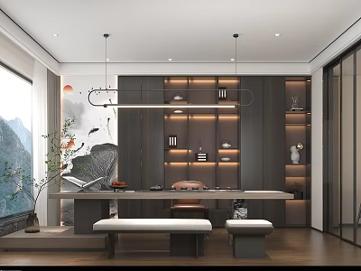Modern Tea Room Interior With Wooden Tea Table Tea Sets On Shelves And Natural Light 3d model
