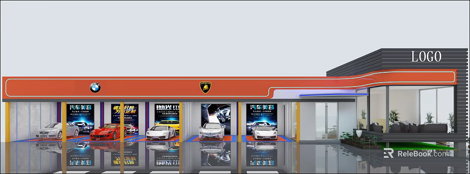 Lamborghini 4S Store with Red Signage Display Cars and Auto Beauty Services 3d model 