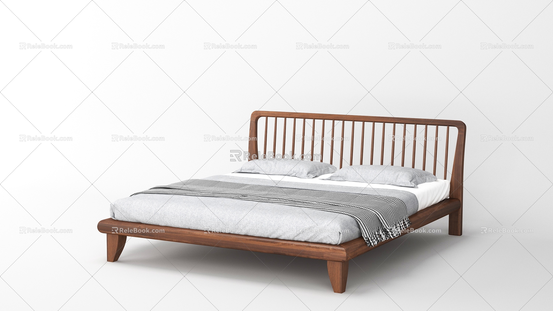 Modern Double Bed Solid Wood Bed 3d model