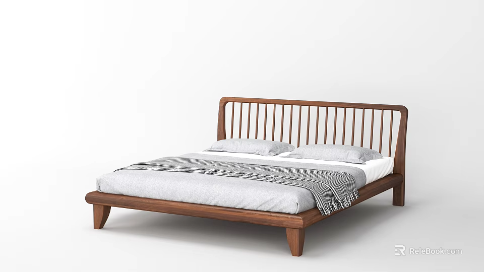 Modern Minimalist Double Bed Featuring Wooden Headboard Gray Bedspread And Two Pillows 3d model 