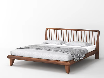 Modern Minimalist Double Bed Featuring Wooden Headboard Gray Bedspread And Two Pillows 3d model