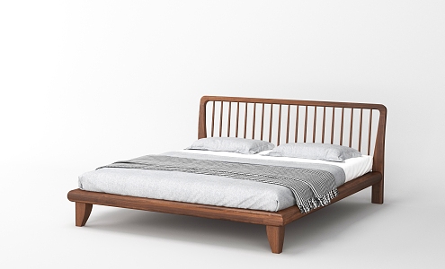 Modern Double Bed Solid Wood Bed 3d model