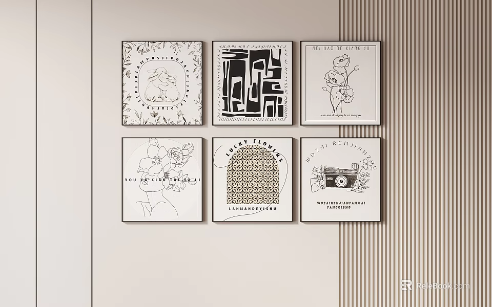 Six Abstract Paintings Minimalist Black White Line Art Diverse Patterns Wall Decor 3d model 