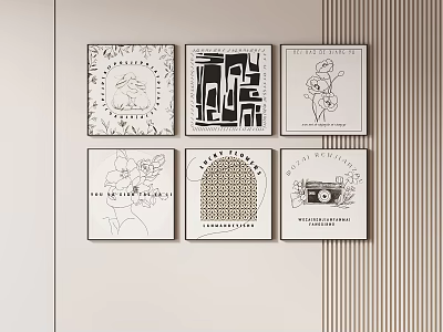 Six Abstract Paintings Minimalist Black White Line Art Diverse Patterns Wall Decor 3d model