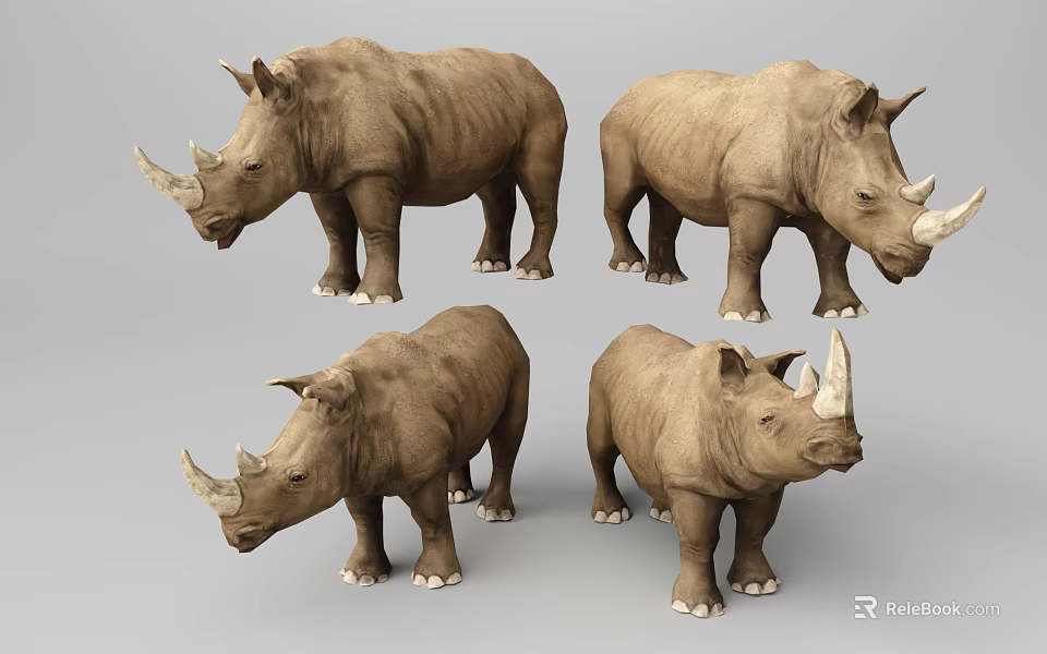 Realistic Detailed 3D Rhinoceros Models in Various Poses on Plain Gray Background 3d model 