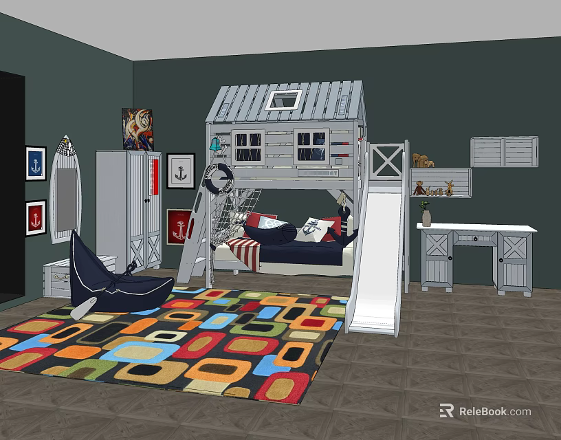 House Shaped Bunk Bed With Slide Desk And Storage Cabinets In Kids Room 3d model 