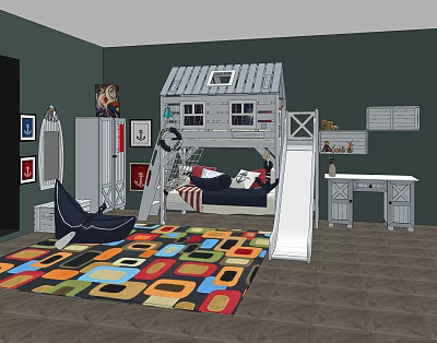 House Shaped Bunk Bed With Slide Desk And Storage Cabinets In Kids Room 3d model