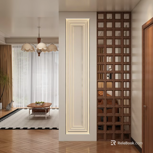Entryway Hallway Interior Design With Wooden Lattice Partition Chandelier And Decorative Rug 3d model 