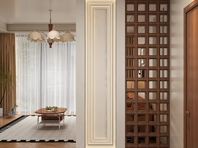 Entryway Hallway Interior Design With Wooden Lattice Partition Chandelier And Decorative Rug 3d model