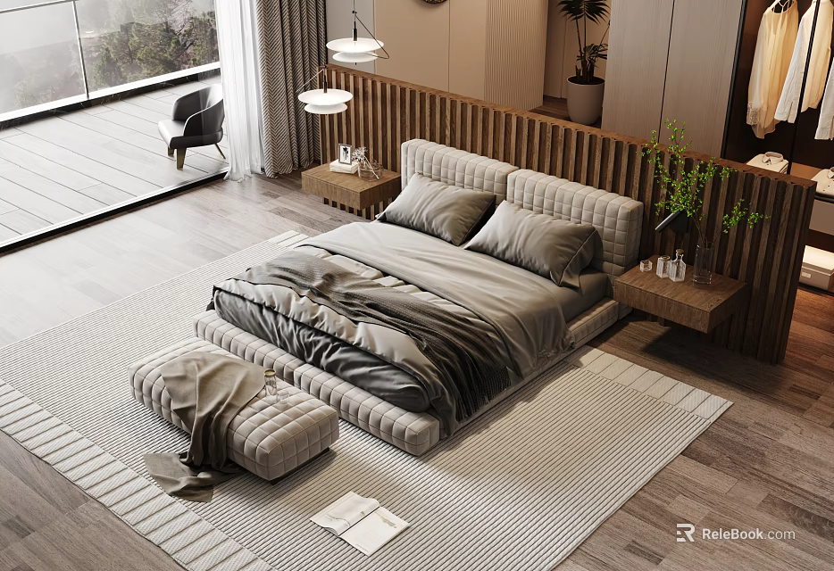 Modern Double Bed In Cozy Bedroom With Wooden Floor Side Table And Green Plant 3d model 